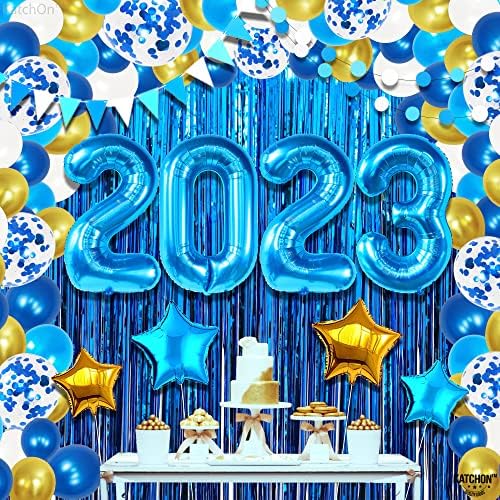קישוטים לקישון, קישוטי סיום כחול וזהב 2023 סט - חבילה ענקית של 144, ערכת קשת בלון סיום 2023 | Blue 2023 בלונים, רקע סיום שוליים | קישוטים למסיבת סיום 2023 כחול